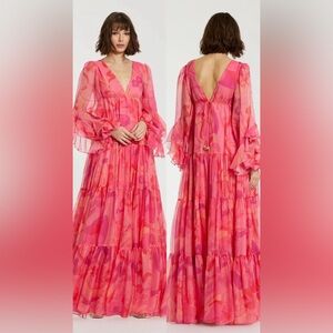 New Mac Duggal Long Sleeve Chiffon Ruffle Printed Maxi Dress 68782 Size 2